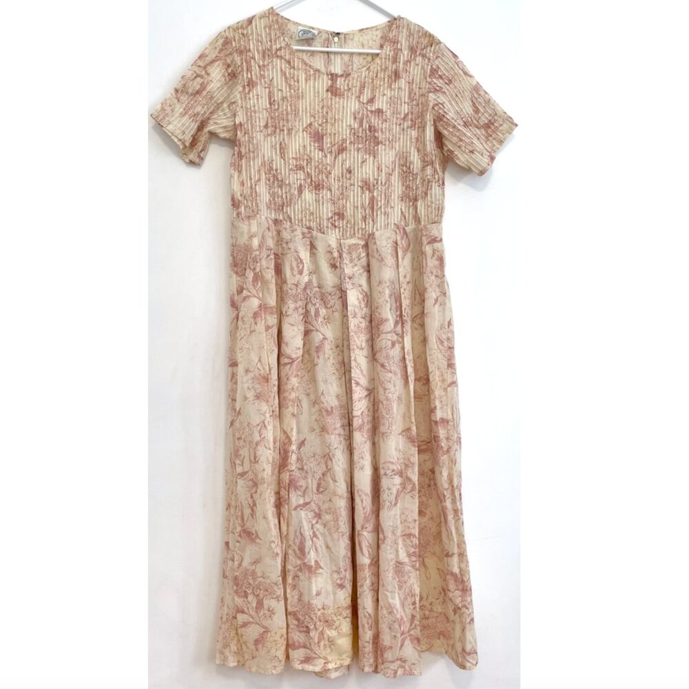 VINTAGE VTG LAURA ASHLEY Cream Beige Pink Floral Cottagecore Midi Tea Dress 12